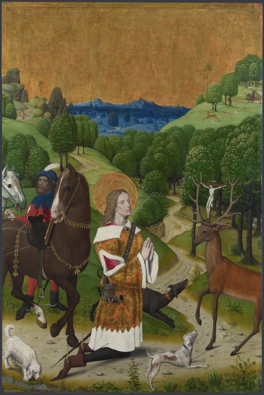 Sankt Huberts omvendelse. Lukker fra Werden-altertavlen, ca 1485 af Master of the Life of the Virgin