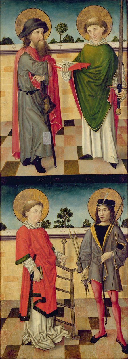 Øverst: Sankt Jakob som pilgrim og Sankt Matthæus holder en bog og et sværd; Nederst: St. Lawrence, der holder et gitterjern og St. Sebastian, der holder en bue og pil, bagsiden af et panel fra en altertavle, der viser af Master of the Luneburg Footwashers