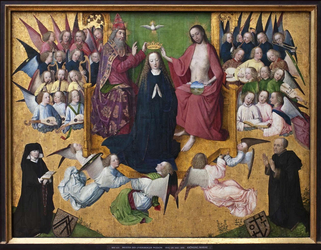 Marias kroning. Repræsentation af den hellige treenighed: Gud, Jesus Kristus og Helligåndens due (Helligånden). Maleri af Lyversbergers passionsmester (aktiv 1460-1490), olie på træ, tidlig tysk kunst 1400-tallet. München, Alte af Master of the Lyversberg Passion