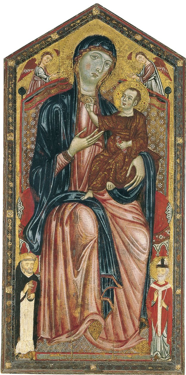 Jomfruen og barnet tronede med de hellige Dominic, Martin og to engle af Master of the Magdalen