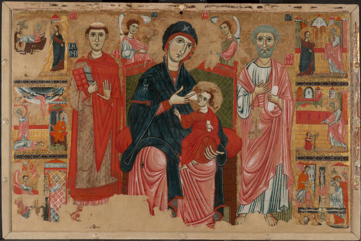 Jomfru og barn på tronen med de hellige Leonard og Peter og scener fra Sankt Peters liv af Master of the Magdalen