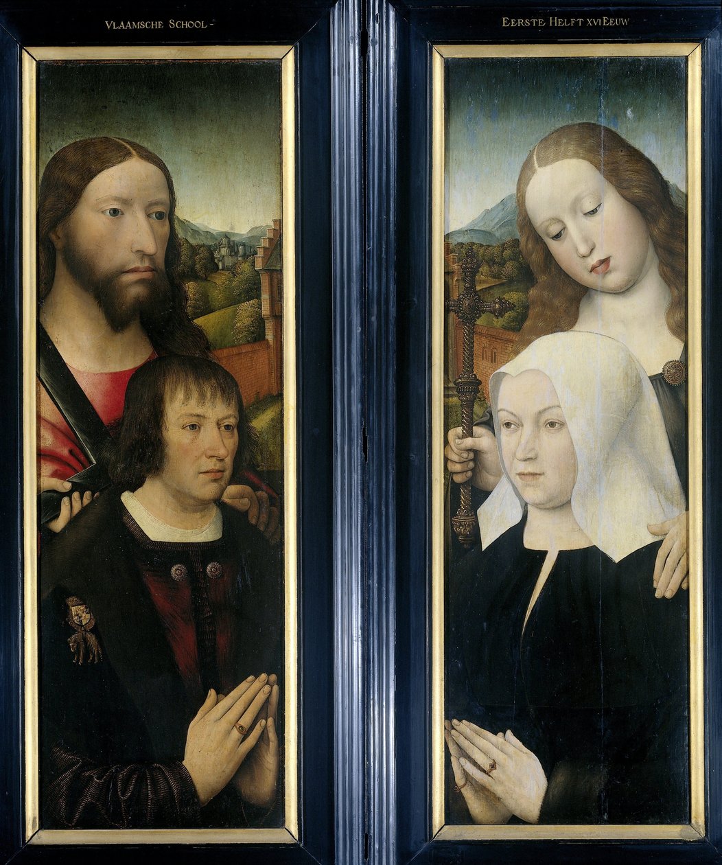 To vinger af en triptykon med donoren, Thomas Isaacq, ledsaget af Saint Thomas (venstre, ydre fløj), og donorens hustru ledsaget af Saint Margaret (højre, ydre fløj) af Master of the Magdalen Legend