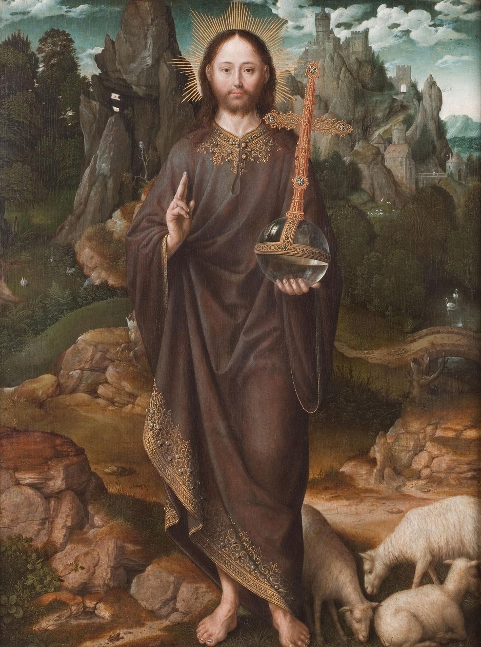 Hollandsk: Christus als Salvator Mundi Salvator Mundi i et landskab af Master of the Mansi Magdalen