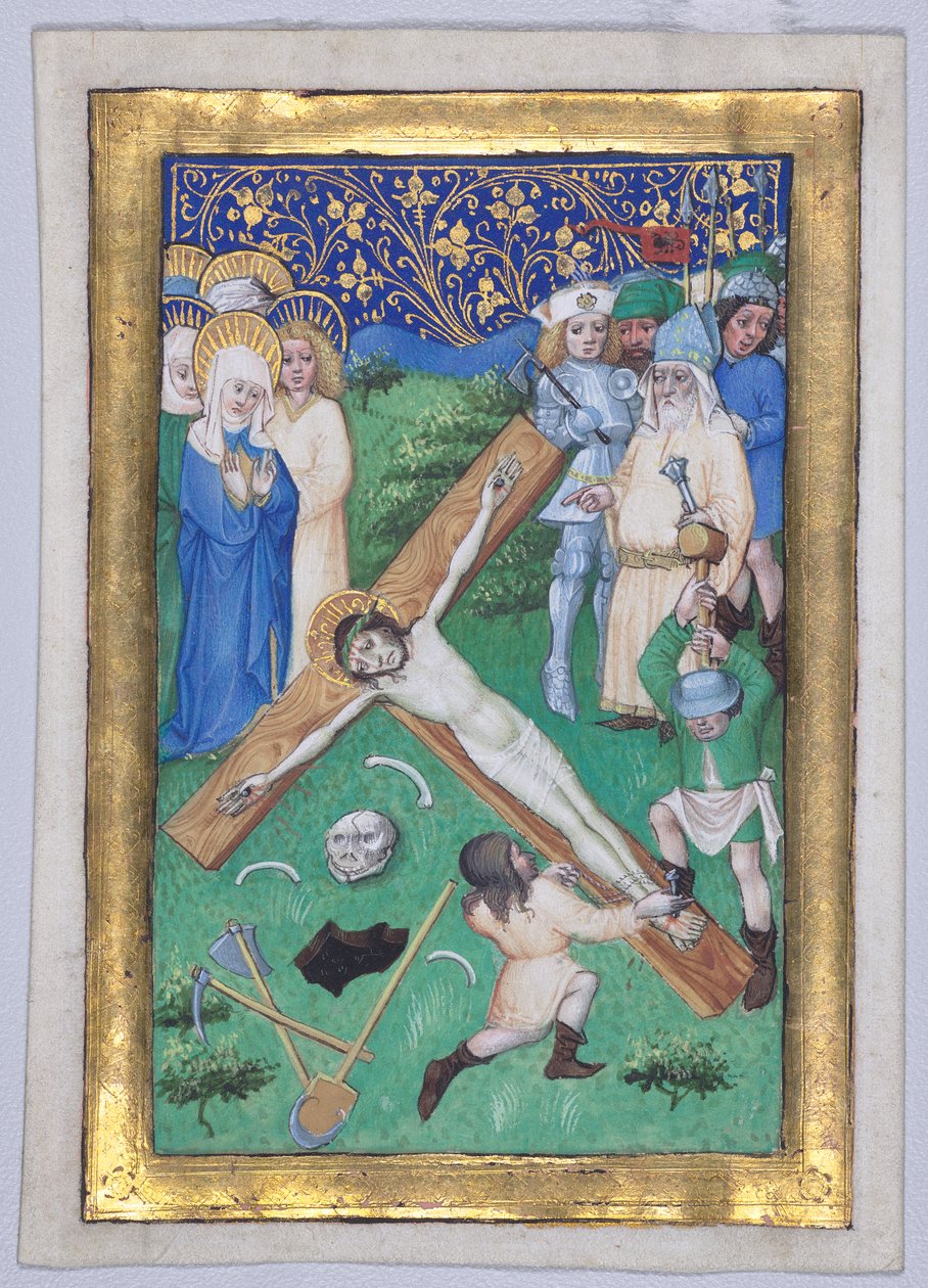 Blad fra en timebog: Kristus bliver naglet til korset af Master of the Maximilian Schoolbooks