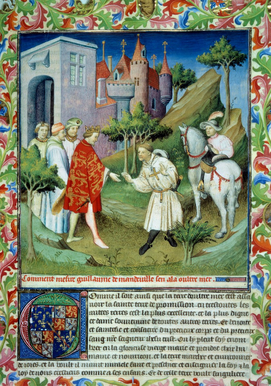John of Mandeville (1300-1372) tog væk fra kong Edward II og forlod England. Miniature i "" The Book of Wonders of the World"" Ms 2810. Folio 141. Manuskript belyst af Master of Mazarine, skrevet af John (Jehan) af Mandeville (1300? -1372) af Master of the Mazarine