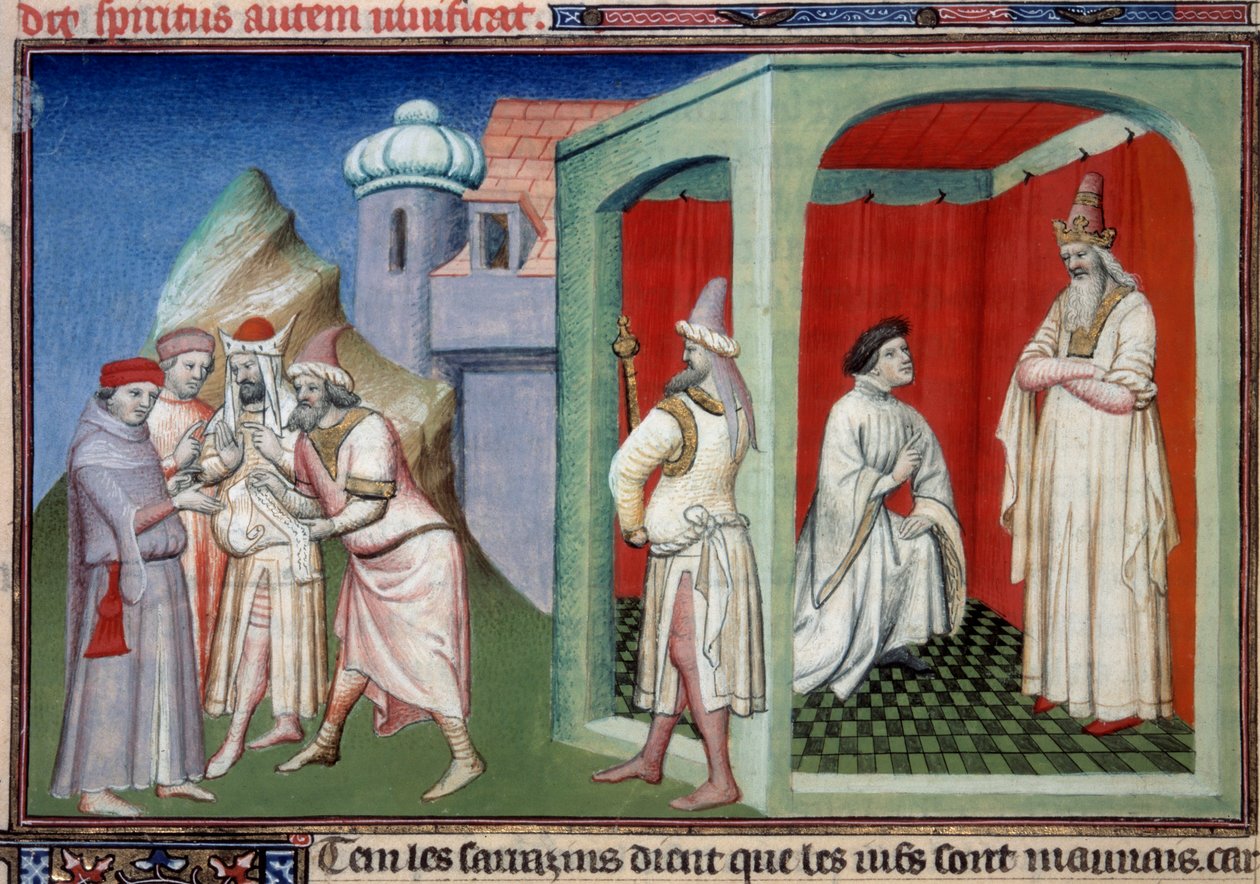 John af Mandeville og sultanen. Kontrovers mellem kristne og muslimer repræsenteret af Jean de Mandeville, opdagelsesrejsende fra Liège (1300-1372) og sultanen af Saracenerne. Miniature i "" The Book of the Wonders of the World"" Frk. 2810 Folio 175v. Manu af Master of the Mazarine