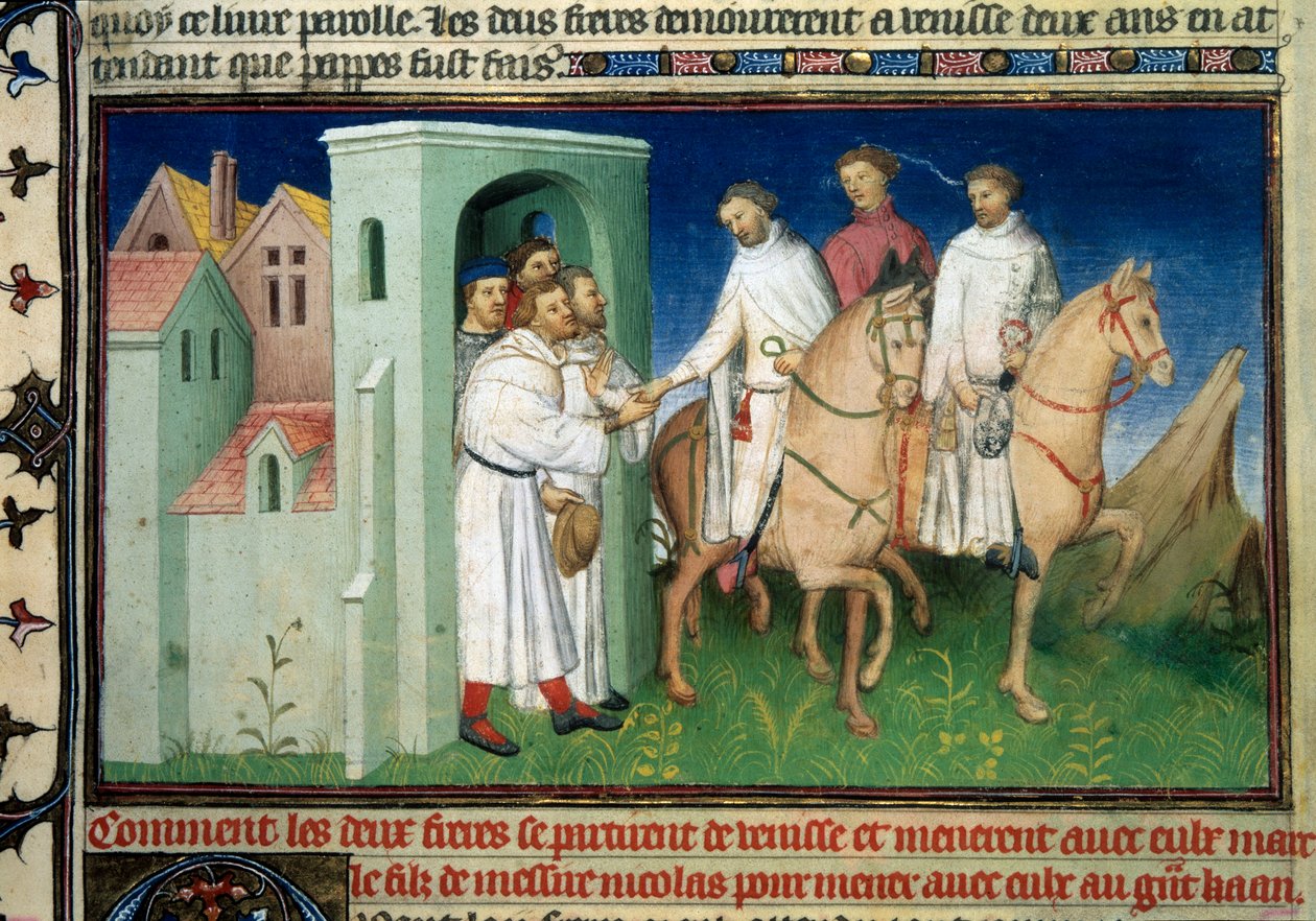 Matteo og Niccolo, Polo-brødrene forlader Venedig. Miniature taget fra "" The Book of Wonders""" ("" Devisement of the World"", "" Il Milione") af Marco Polo (1254-1324) (Ms. 2810, Folio 4) oplyst af Mesteren af Mazarine, omkring 1410-1412. BN, af Master of the Mazarine