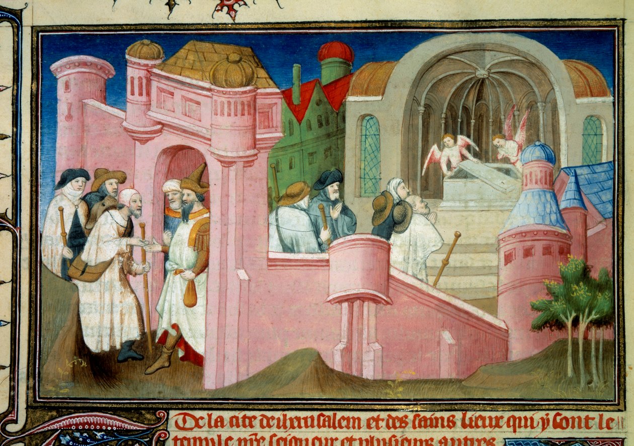 Pilgrimme besøger Den Hellige Gravs kirke og Kristi grav i Jerusalem Miniature i "" Liber de quibusdam ultramarinis partibus et praecipue de Terra sancta "" af William af Bol af Master of the Mazarine