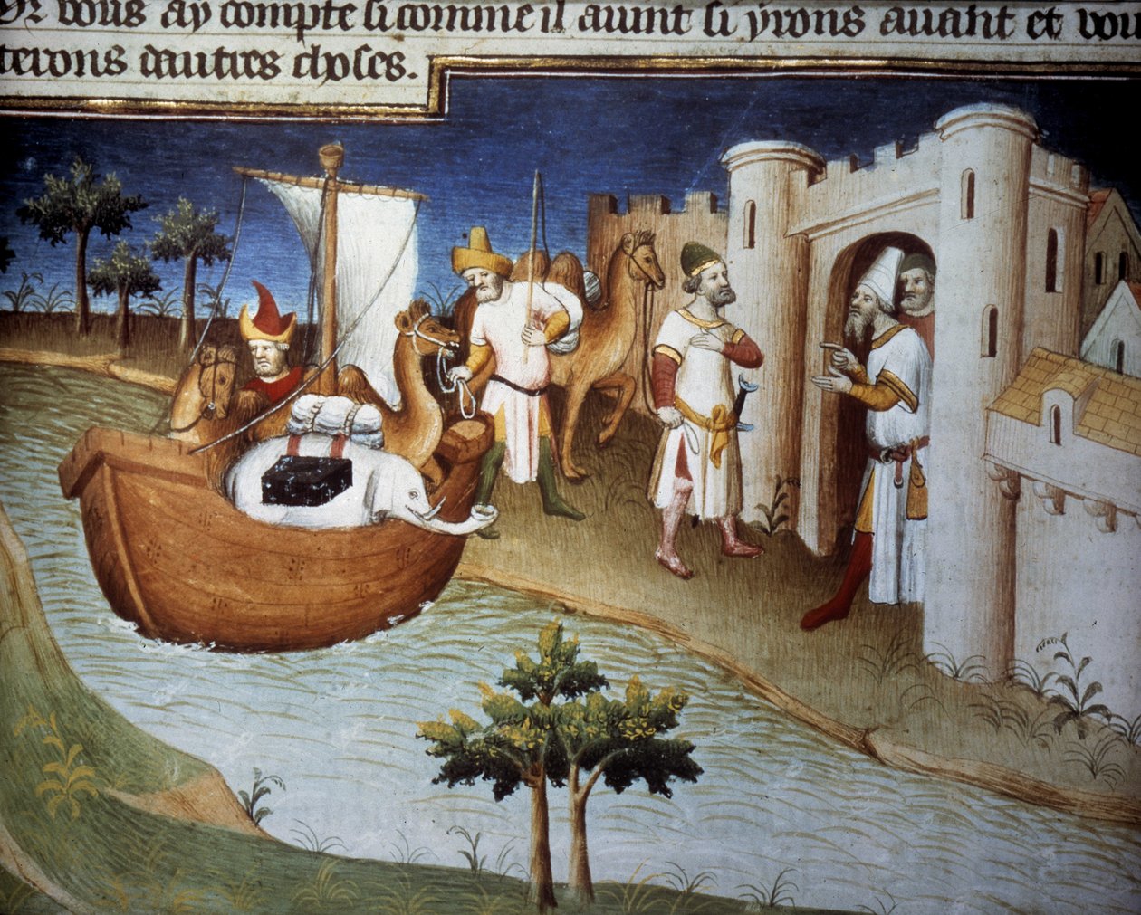 Polo-brødrene (inklusive Marco Polo) ankommer til Ormuz fra Indien i et fragtskib. Miniature i "" Vidundernes bog"" ("" Devisement du monde", "" Il Milione") (Ms. 2810, Folio 14v). Manuskript indgivet af Master of Mazarine af Master of the Mazarine