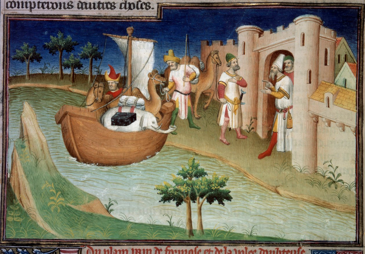 Polo-brødrene (inklusive Marco Polo) ankommer til Ormuz fra Indien i et fragtskib. Miniature i "" Vidundernes bog"" ("" Devisement du monde", "" Il Milione") (Ms. 2810, Folio 14v). Manuskript indgivet af Master of Mazarine af Master of the Mazarine