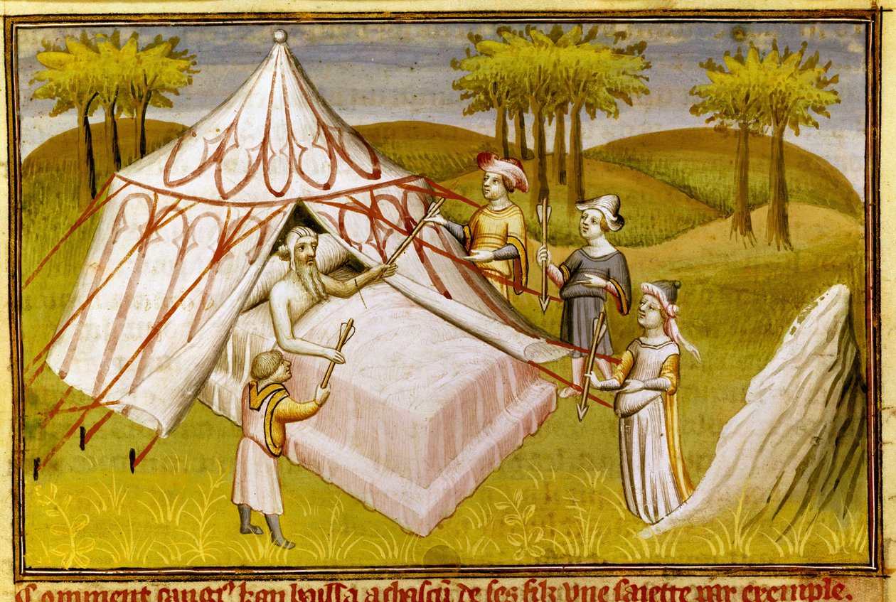 Den mongolske leder Gengis Khan på sit dødsleje giver sine sidste anbefalinger til sine sønner, ca. 1410 (miniature) af Master of the Mazarine