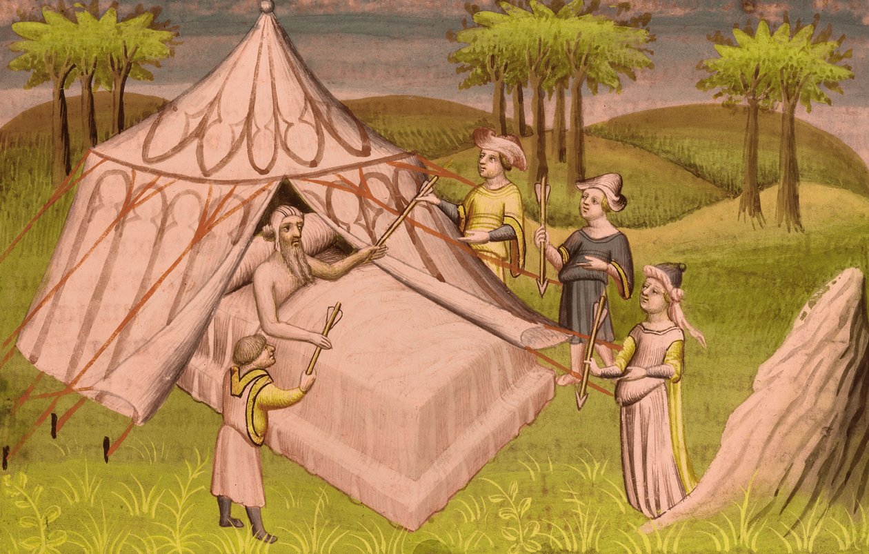 Den mongolske leder Gengis Khan på sit dødsleje giver sine sidste anbefalinger til sine sønner, ca. 1410 (miniature) af Master of the Mazarine