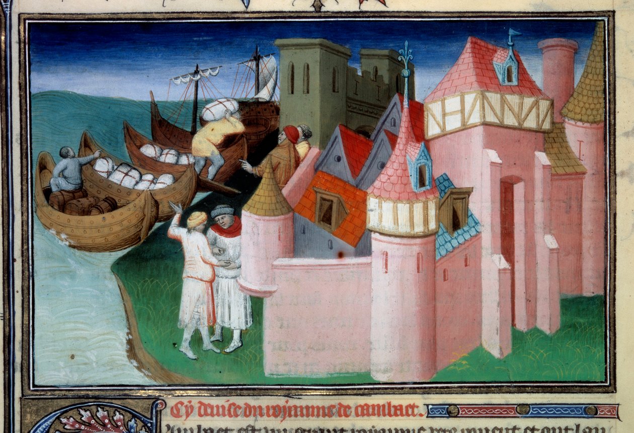 Aflæsning af bolde i byen Khambhat, Indien. Miniature i "" The Book of Wonders"" ("" Devisement du monde", "" Il Milione") Ms2810, Folio 86v. Manuskript indlæst af Master of Mazarine og skrevet af Marco Polo (1254-1324), ca. 1410-1412. BN, Par af Master of the Mazarine