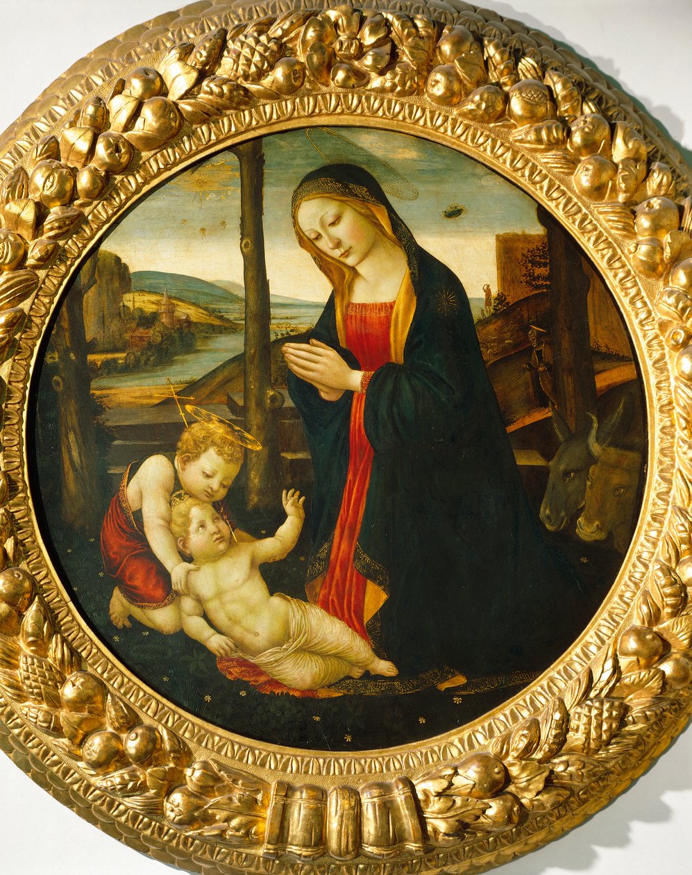 Madonna og barn med St. John (olie på panel) af Master of the Miller Tondo (attr. to)