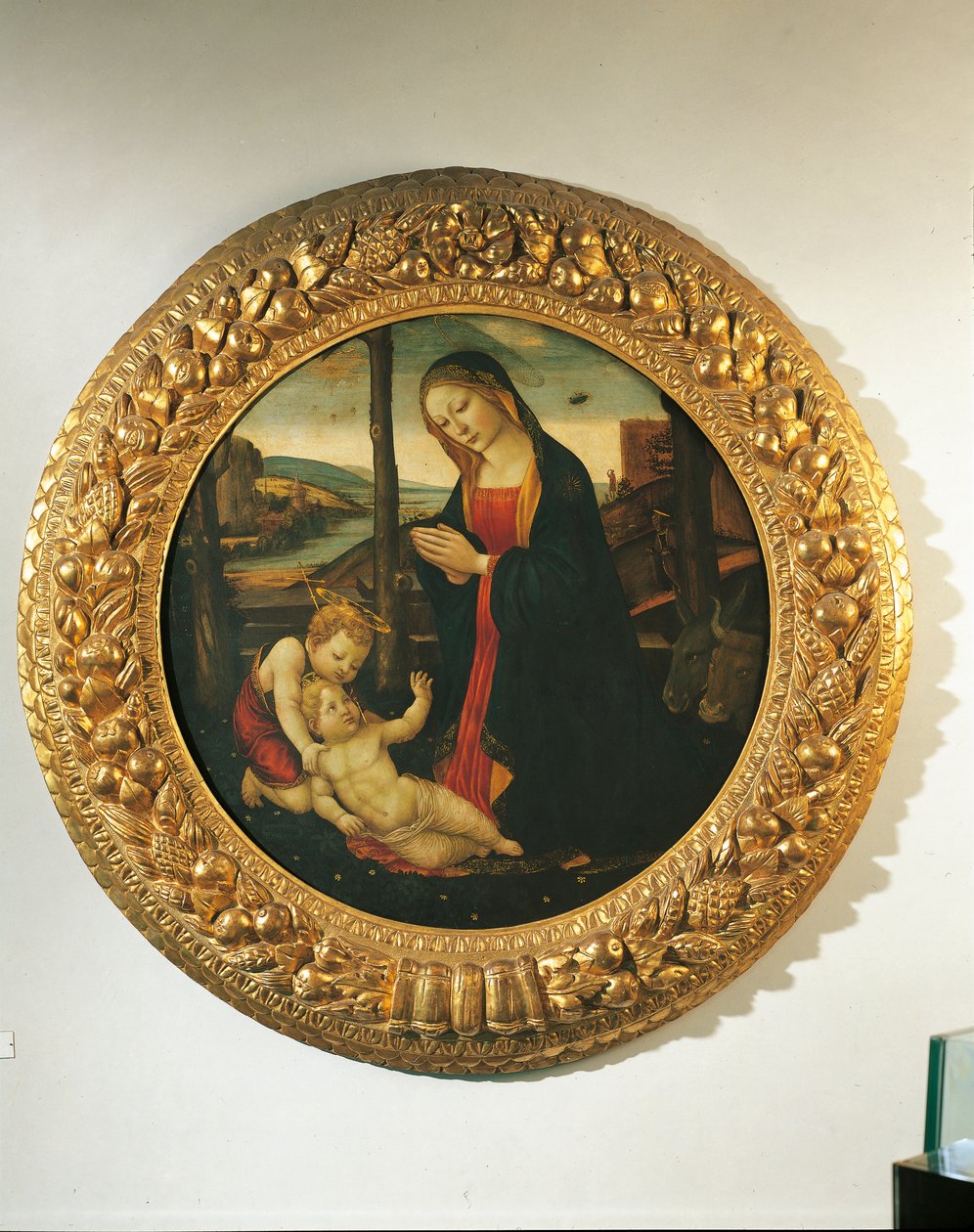 Madonna og barn med St. John (olie på panel) af Master of the Miller Tondo (attr. to)