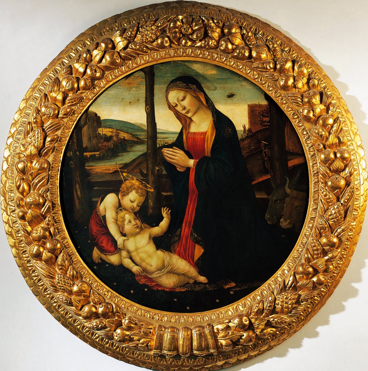 Madonna og barn med spædbarnet Saint John the Baptist, maleri tilskrevet mesteren af Tondo Miller (slutningen af det 15. århundrede). af Master of the Miller Tondo (attr. to)