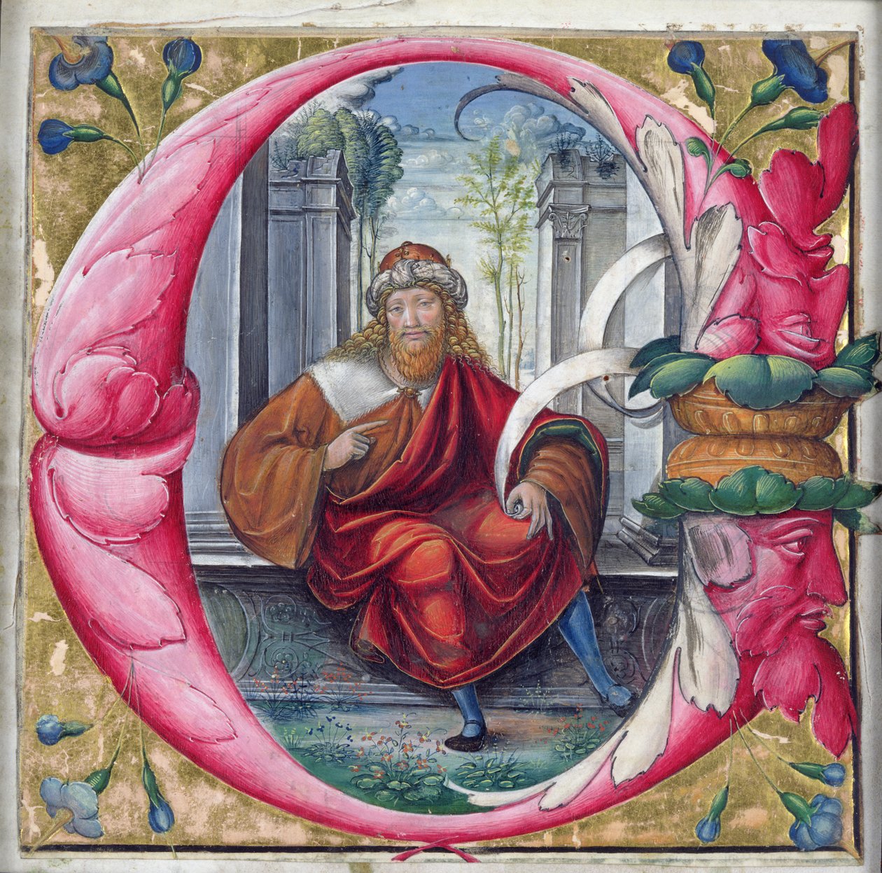 Historik initial C eller O, der forestiller kong David af Master of the Monogram B.F