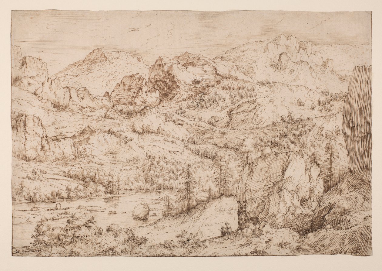 Landskab med en kunstner, der tegner, ca. 1606-08 (pen og blæk & sort kridt på papir) af Master of the Mountain Landscapes