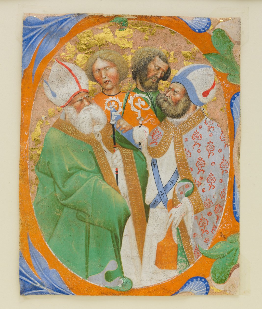 Manuskriptbelysning med fire hellige i et indledende O, fra en korbog, 1440-50. af Master of the Murano Gradual