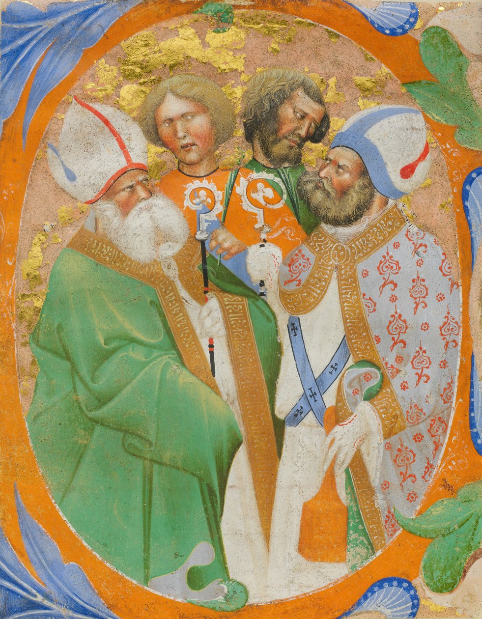Manuskriptbelysning med fire hellige i et indledende O, fra en korbog, italiensk, 1440-50. af Master of the Murano Gradual