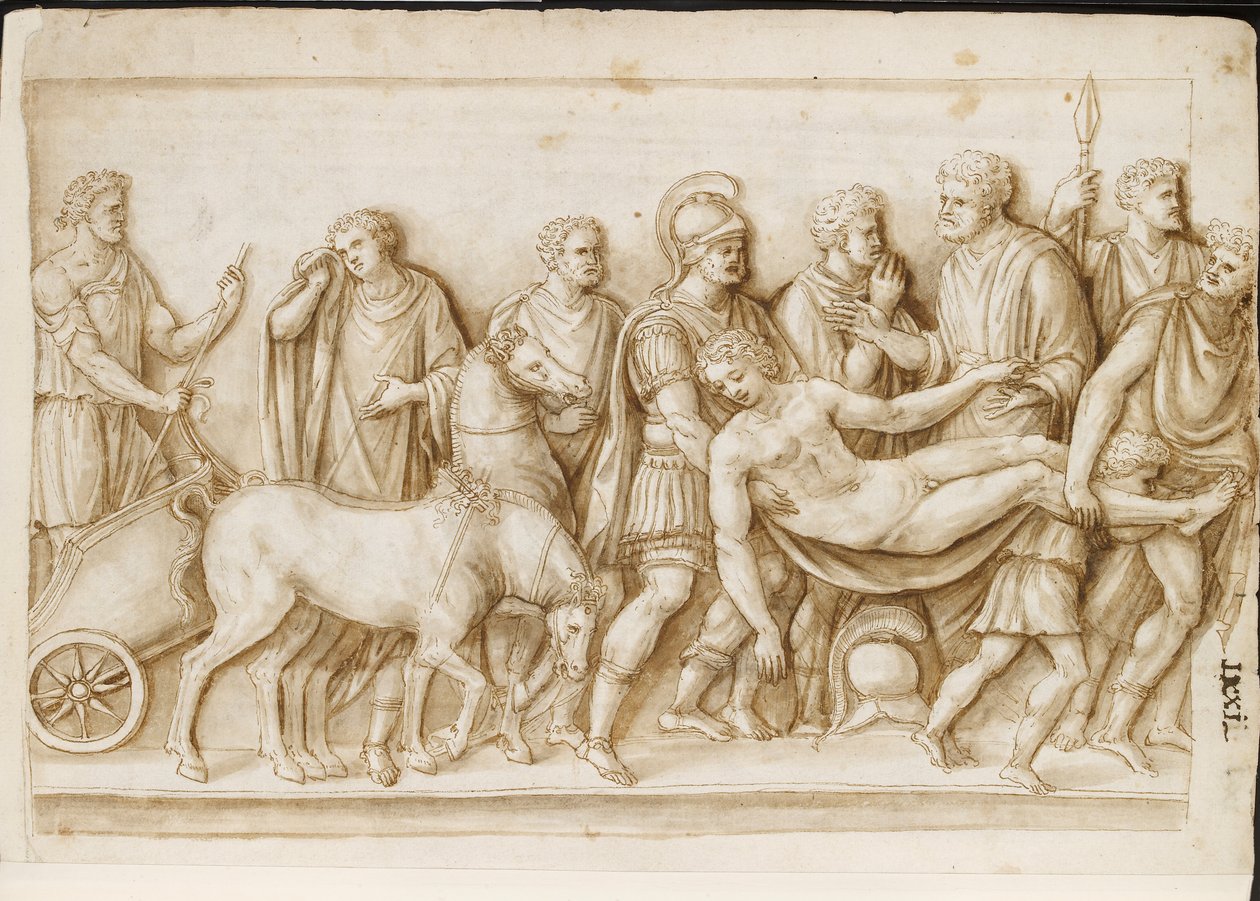 Verso: The Return of Meleager, fra en romersk sarkofag, Palazzo Barberini, Rom, ca. 1512-17 (pen og brunt blæk med brun vask) af Master of the Oxford Album