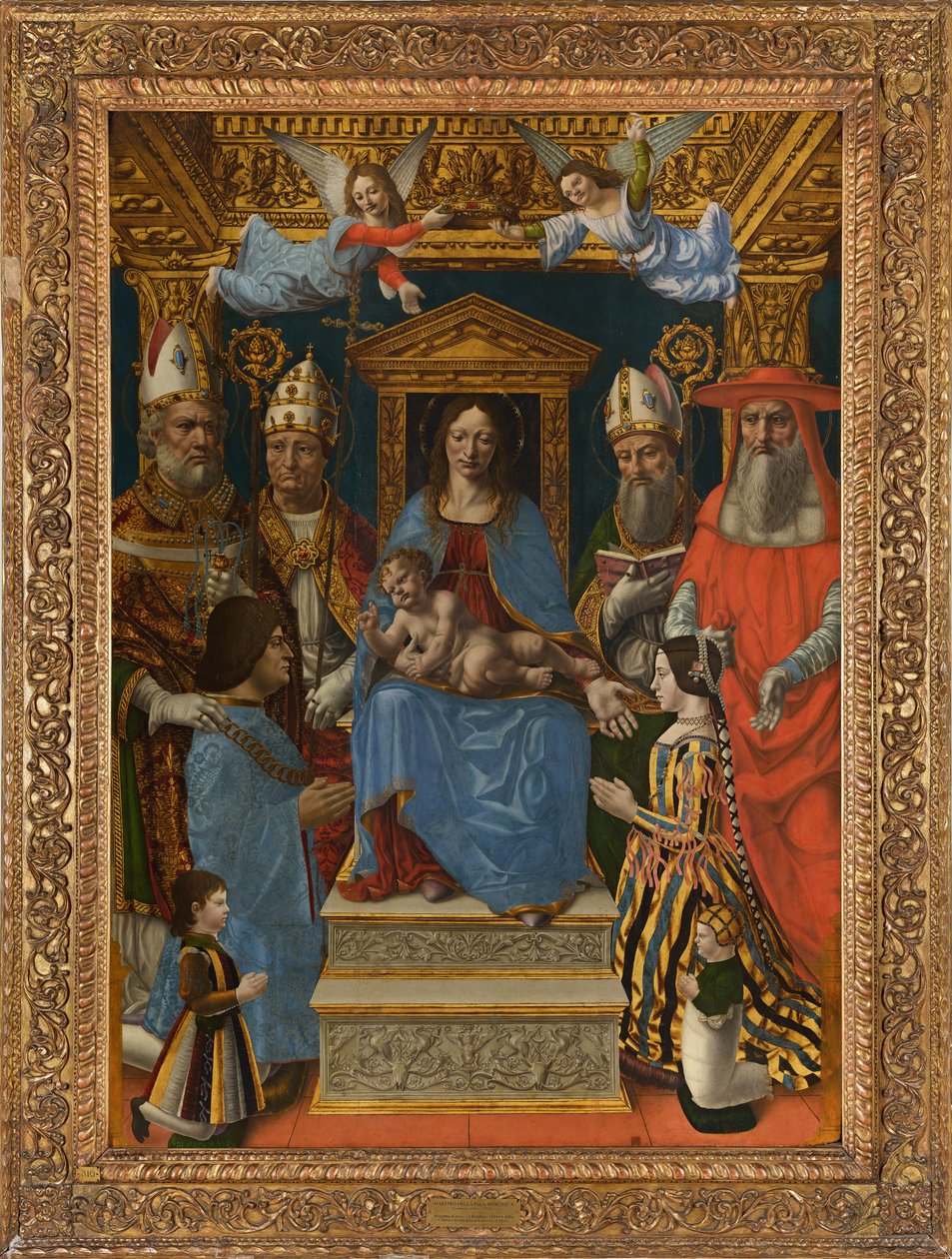 Madonna på tronen med barn, læger i kirken og familien til Ludovico the Moro af Master of the Pala Sforzesca