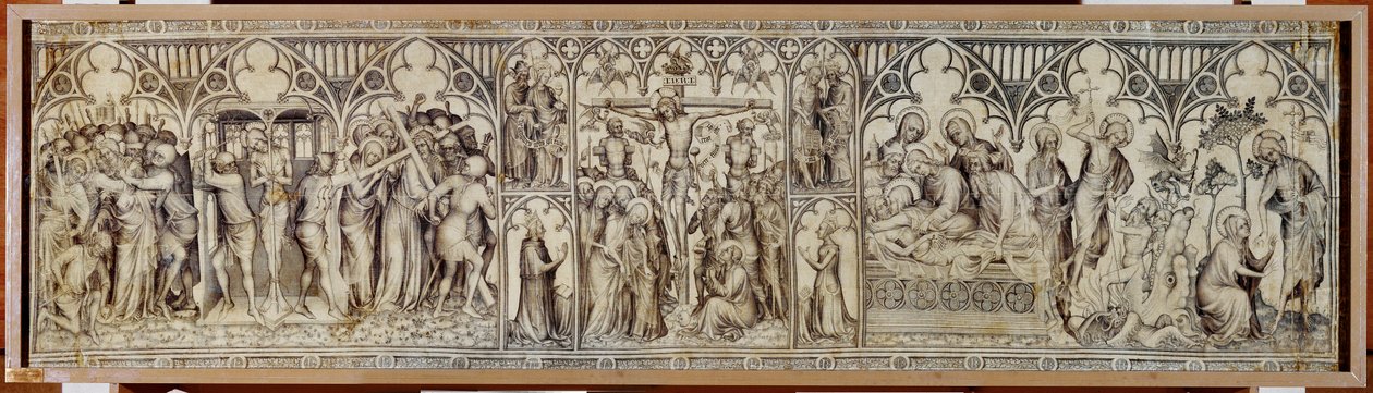 Narbonne-alteret: Kristus taget til fange, hånet, tornekrone, korsfæstelse, gravlæggelse, opstandelse ... af Master of the Parement of Narbonne