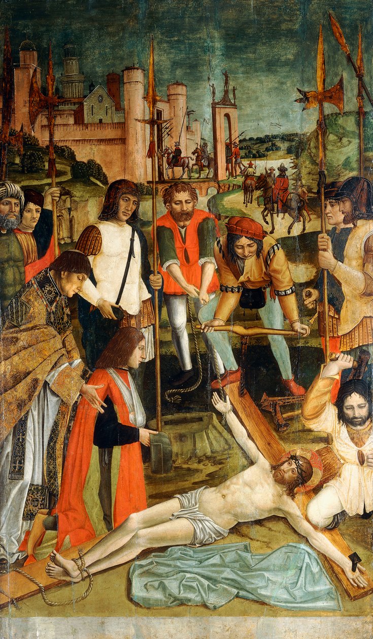 Kristus naglede til korset med en donor med armen i en slynge præsenteret af en præst af Master of the Pavia Deposition