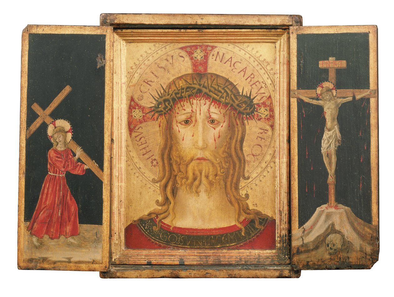 En Triptykon: Kristus Forløseren flankeret af Kristus, der bærer korset og korsfæstelsen (guldbundspanel i integreret ramme) af Master of the Pietà di San Costanzo