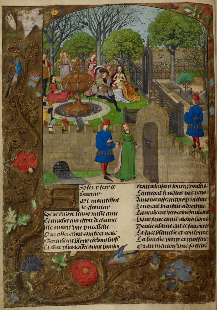 Harley_4425_f12v Lutenist og sangere i en muret have. Elskeren og Dame Oyseuse (Lediggang) udenfor havens vægge, illustration fra 
