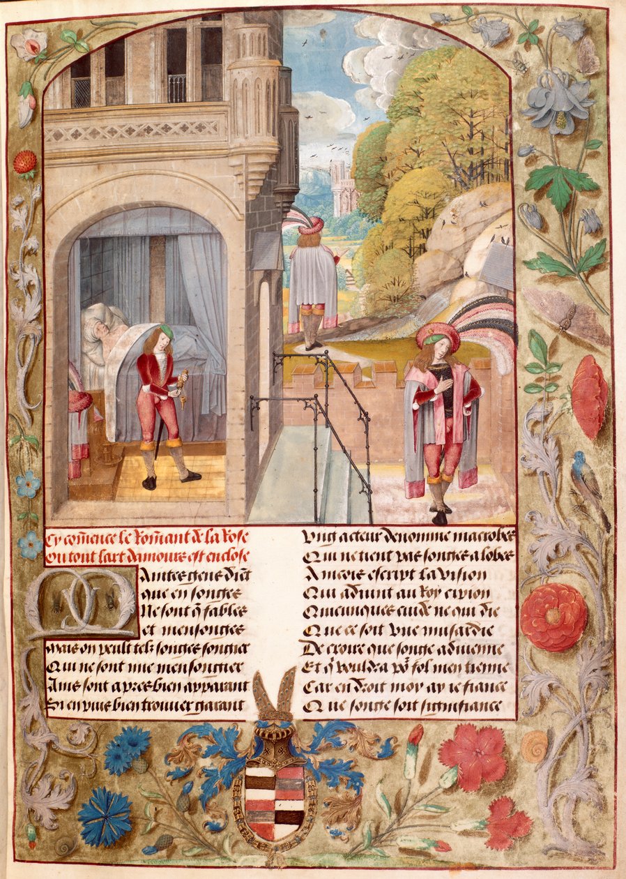 Harley 4425, fol.7 The Lover Sleeping, Rising and Going to the Garden of Love, fra 