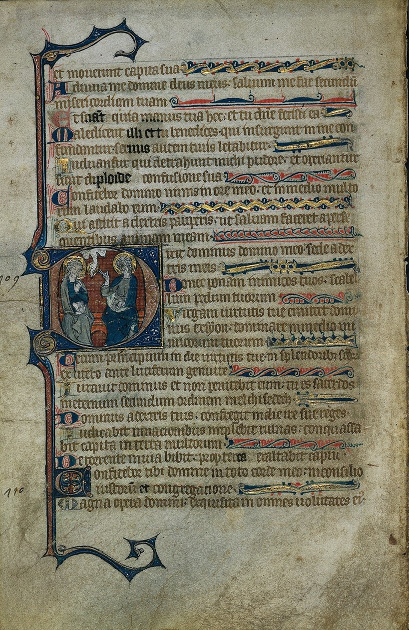 Blad fra en Psalter: Historieret initial D med Treenigheden, ca. 1310. af Master of the Queen Mary Psalter