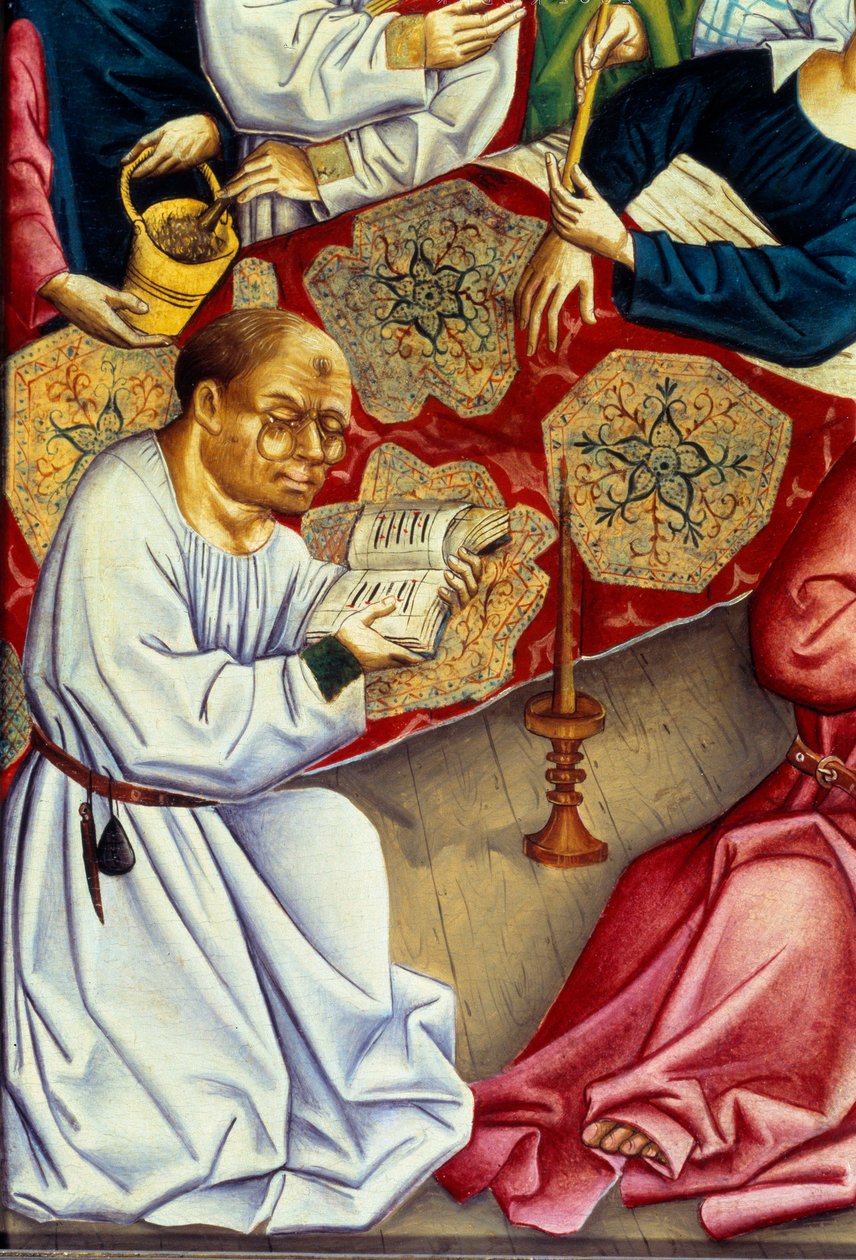 Jomfruens død, der repræsenterer en munk, der læser med briller. Maleri af Mesteren af Oberrhinen (1400-tallet) af Master of the Rhine