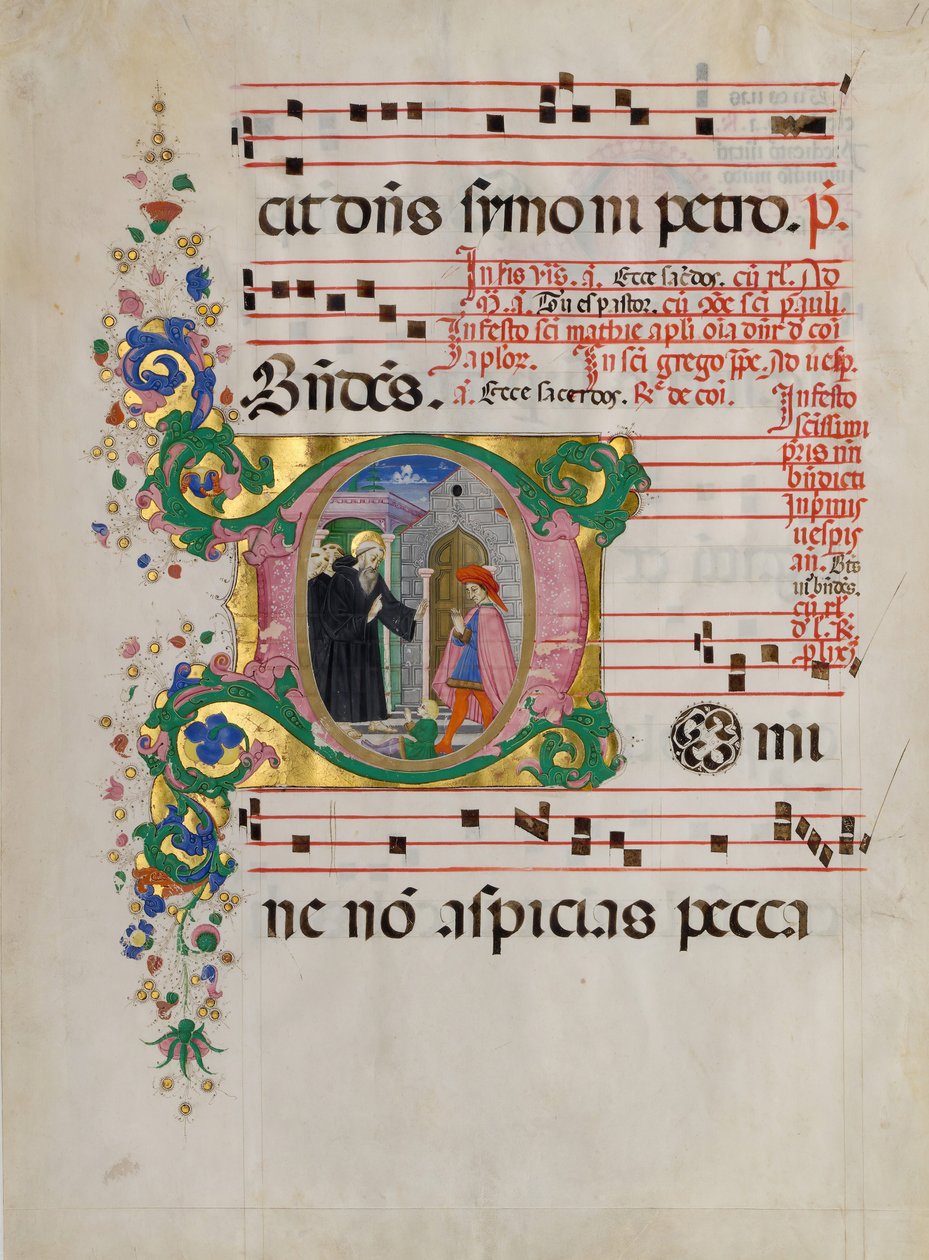 Manuskriptblad med Sankt Benedikt, der genopliver en dreng i et indledende D, fra et antifonarium. af Master of the Riccardiana Lactantius