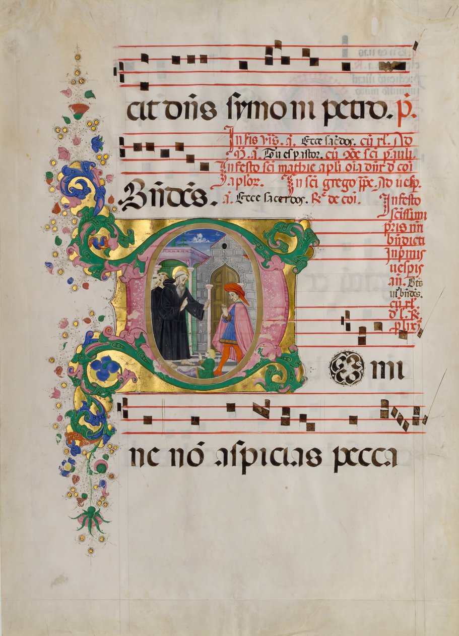 Manuskriptblad med Sankt Benedikt, der genopliver en dreng i en indledende D..., anden halvdel af 1400-tallet af Master of the Riccardiana Lactantius