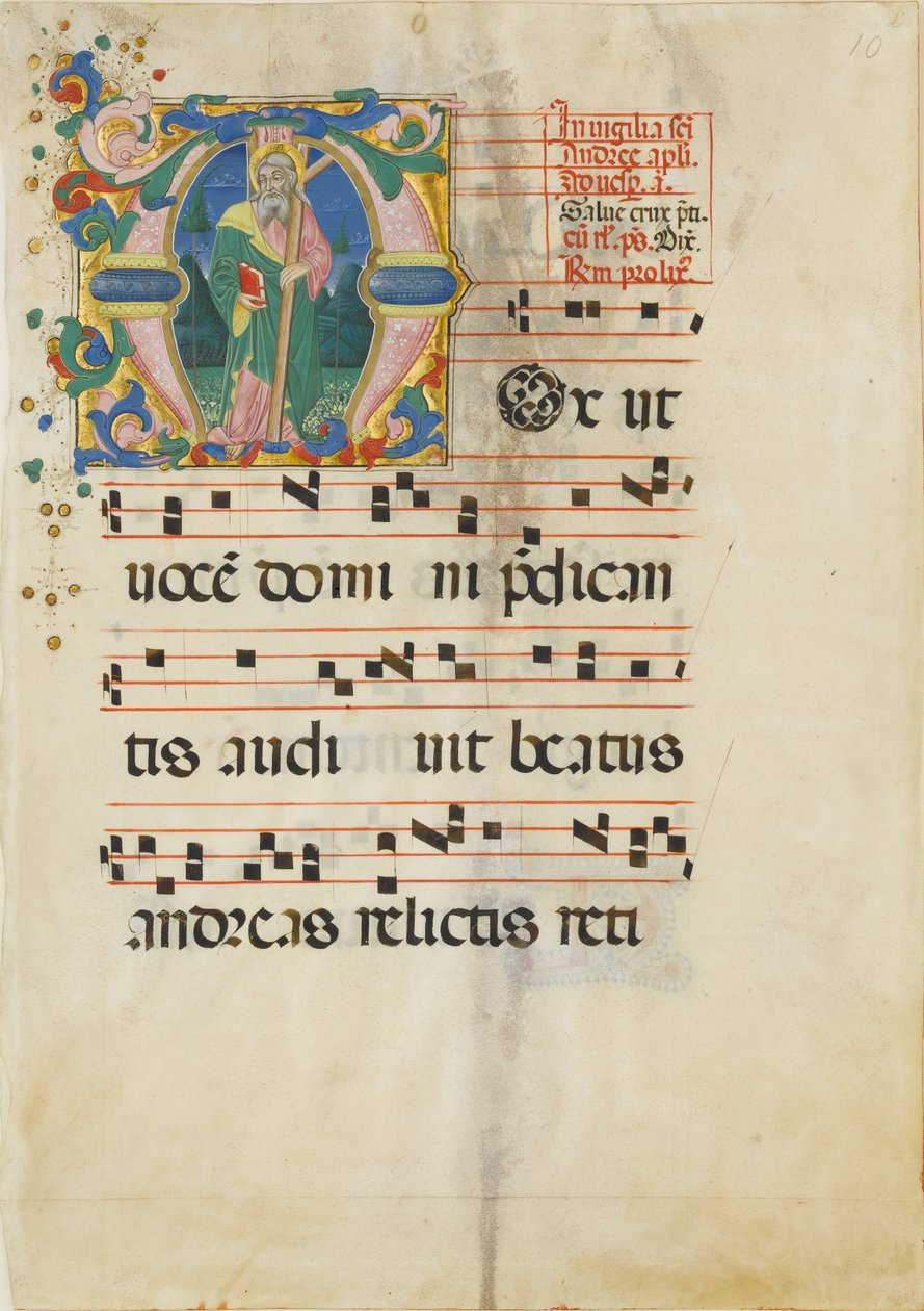 Manuskriptblad med Andreasfesten i en indledende M ..., anden halvdel af 1400-tallet. af Master of the Riccardiana Lactantius