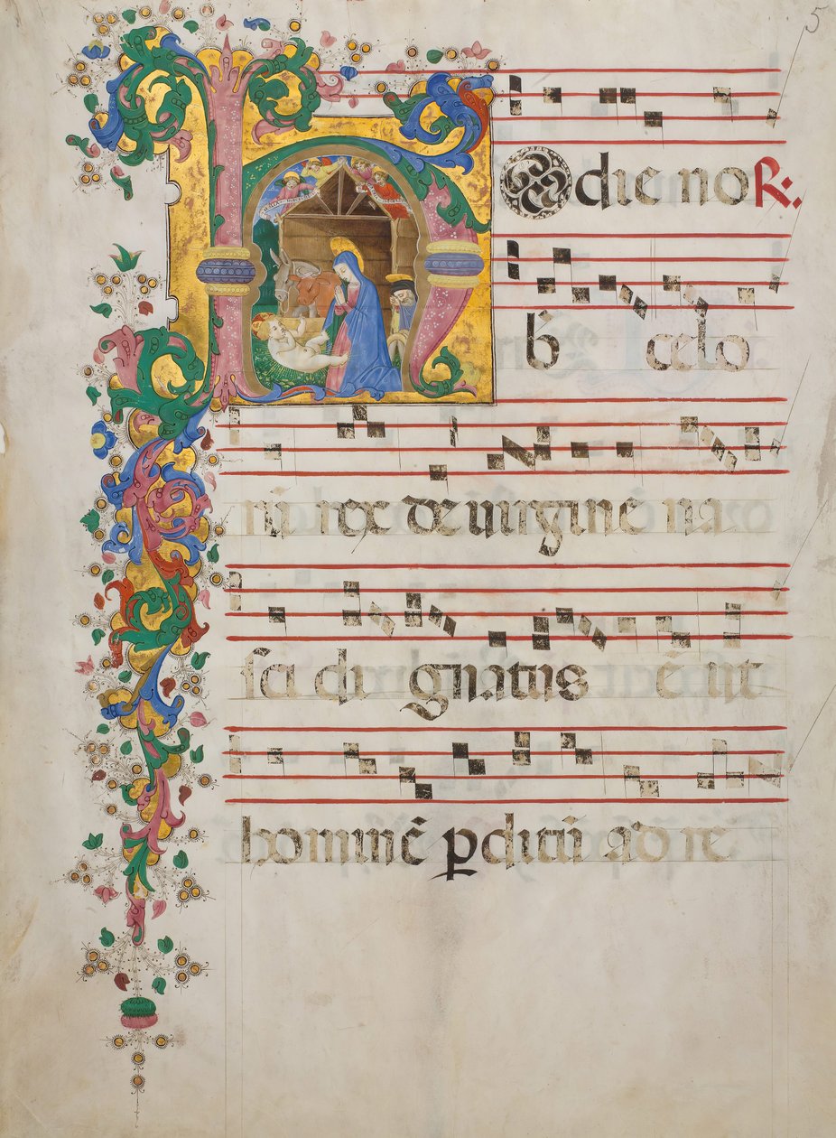 Manuskriptblad med Fødselen i et indledende H, fra et antifonarium, italiensk, anden halvdel 15. ce. af Master of the Riccardiana Lactantius