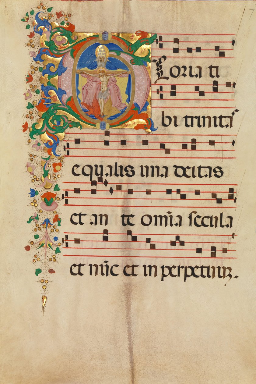 Manuskriptblad med treenigheden i et indledende G, fra et antifonarium, italiensk, 2. halvdel af 1400-tallet af Master of the Riccardiana Lactantius