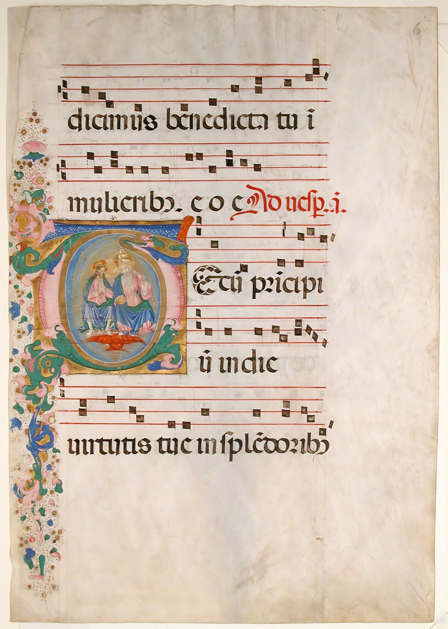 Manuskriptblad med treenigheden i et indledende T, fra et antifonarium, anden halvdel af 1400-tallet. af Master of the Riccardiana Lactantius