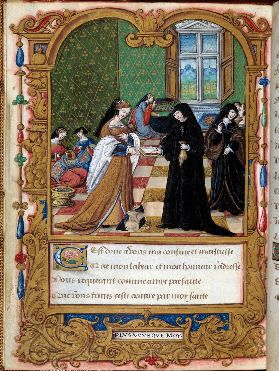 Margarita af Angoulema (1492-1549) Dronning af Navarra præsenterer sin bog til hertuginden af Etampes og favorit af Francois I Anne Pisseleu. Side taget fra manuskriptet "" La coche ou Debat d