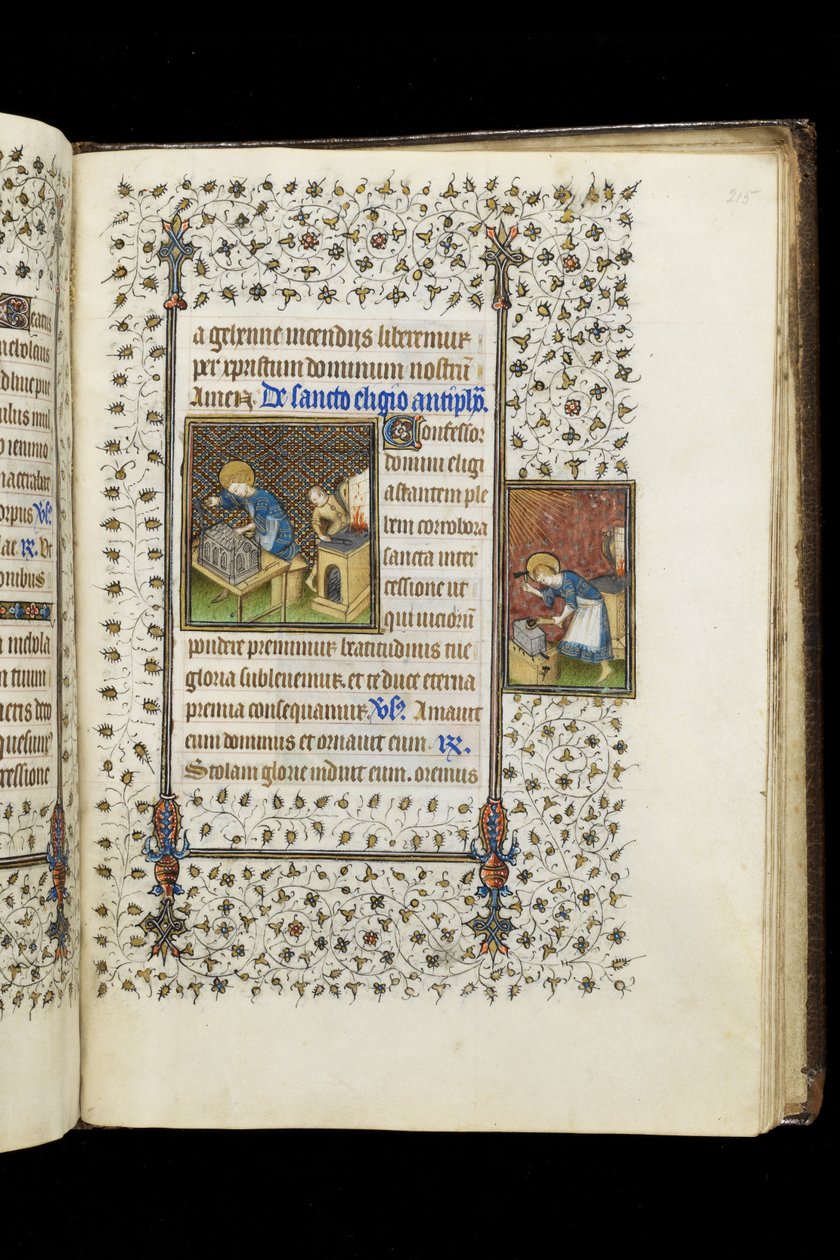 Ms 62 f.215r St. Eligius laver en helligdom; St. Eligius ved en ambolt, fra en timebog, ca. 1445-50 (vellum) af Master of the Rohan Hours