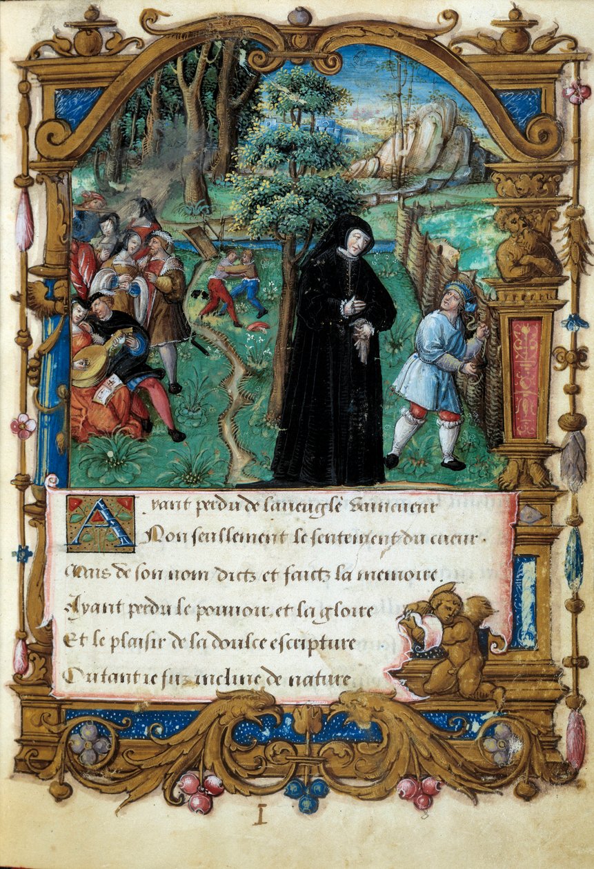 Repræsentation af dronningen af Navarra Margarita af Angoulema (1492-1549), høflig kærlighedsscene. Side taget fra manuskriptet "" La coche ou Debat d