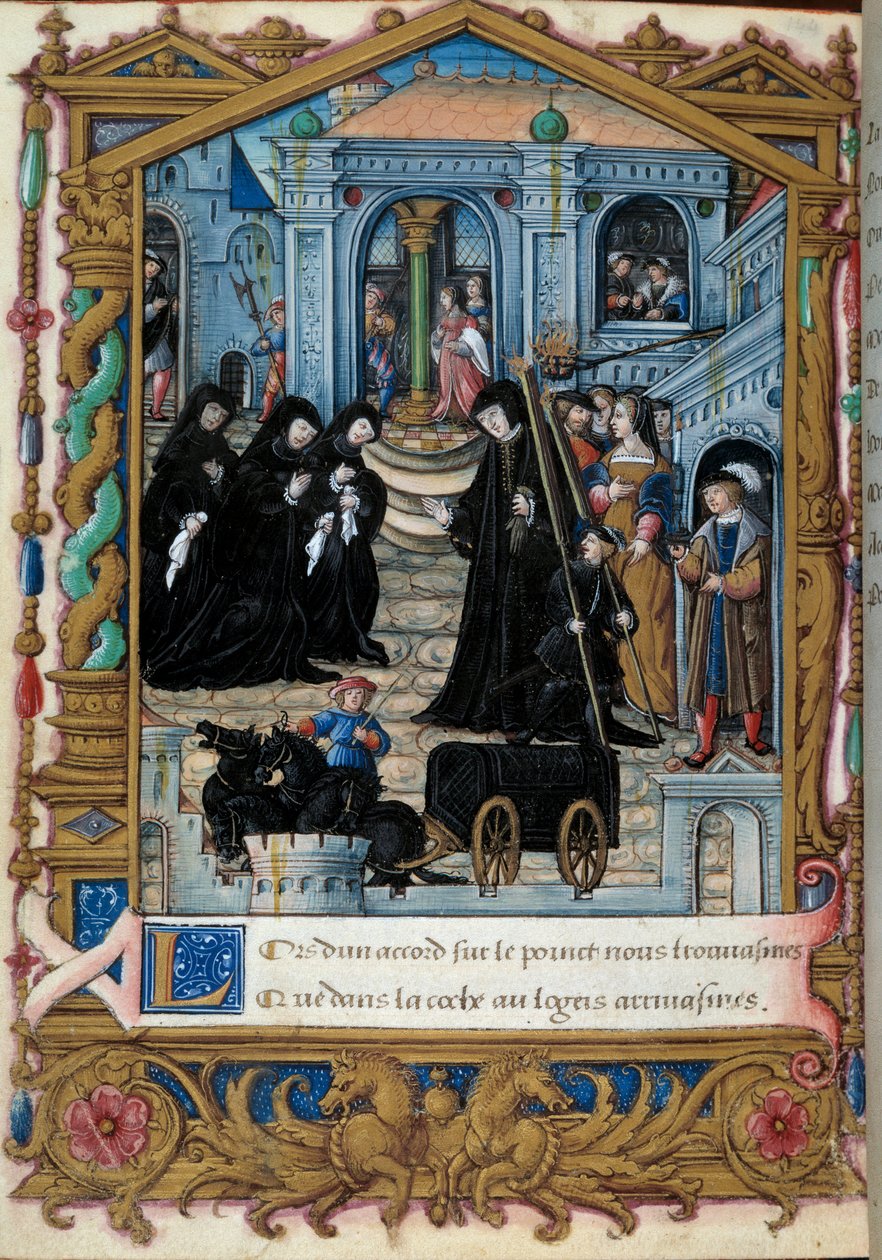 Repræsentation af dronningen af Navarra Margarita af Angoulema (1492-1549) omgivet af sine ledsagere. Side taget fra manuskriptet "" La coche ou Debat d