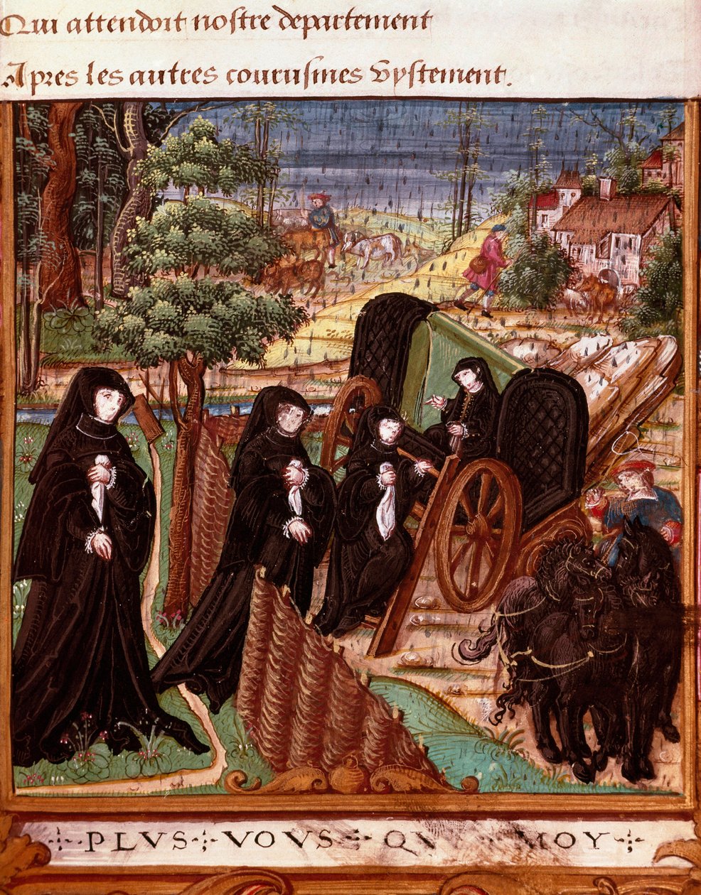 Repræsentation af dronningen af Navarra Margarita af Angoulema (1492-1549) omgivet af hendes kammerater, der går ombord på en vogn for at gå en tur"" Side taget fra manuskriptet "" La coche ou Debat d
