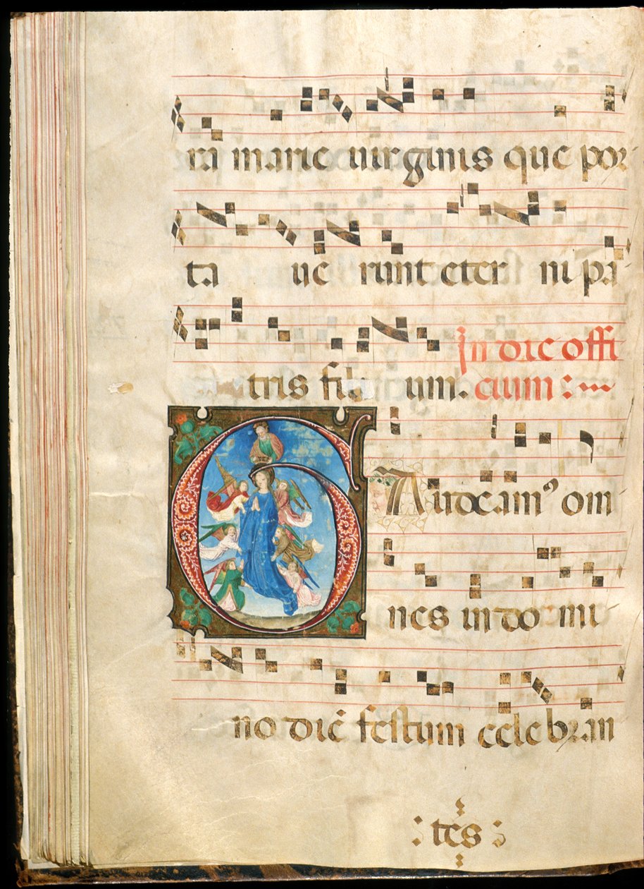 Jomfruens antagelse, f.72v fra et gradvist, sent 1400-tal (blæk, tempera og bladguld på pergament) af Master of the Saluces Hours (attr. to)