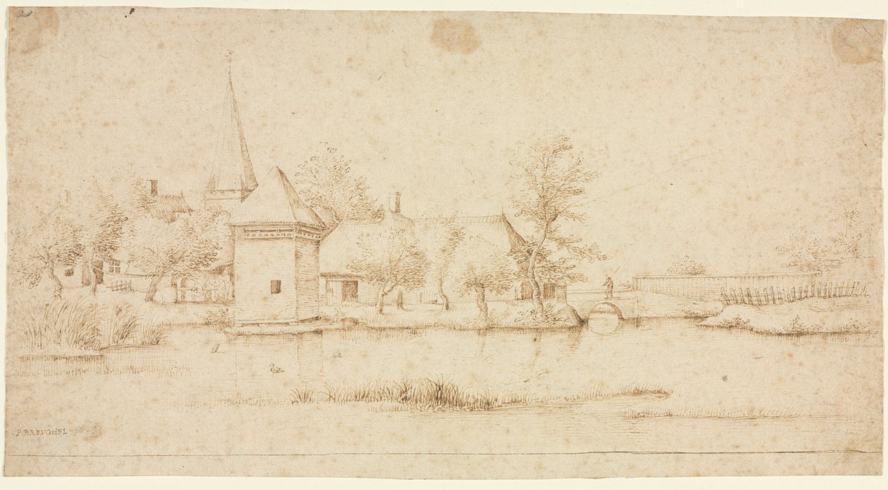 Landskab med en Moated Village af Master of the Small Landscapes
