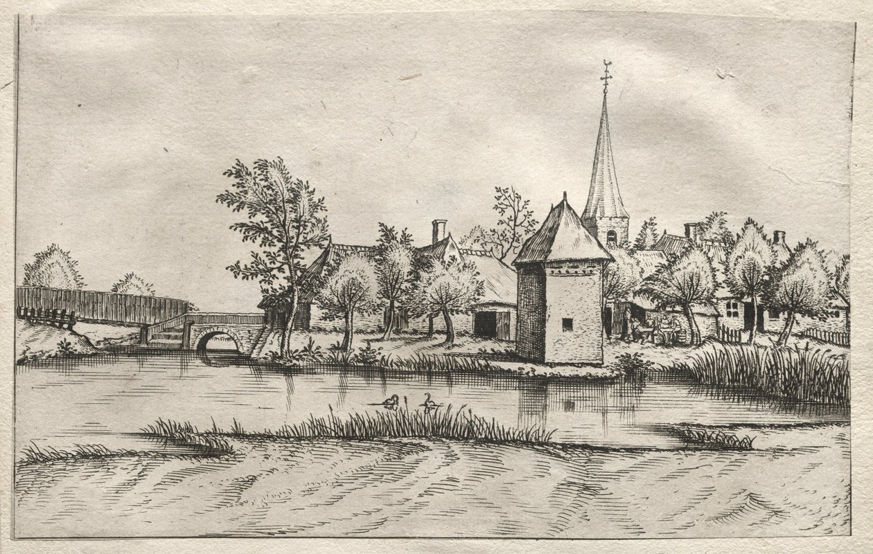 Udsigt over landsbyer i Brabant og Campine: A Moated Village, ca. 1561. af Master of the Small Landscapes