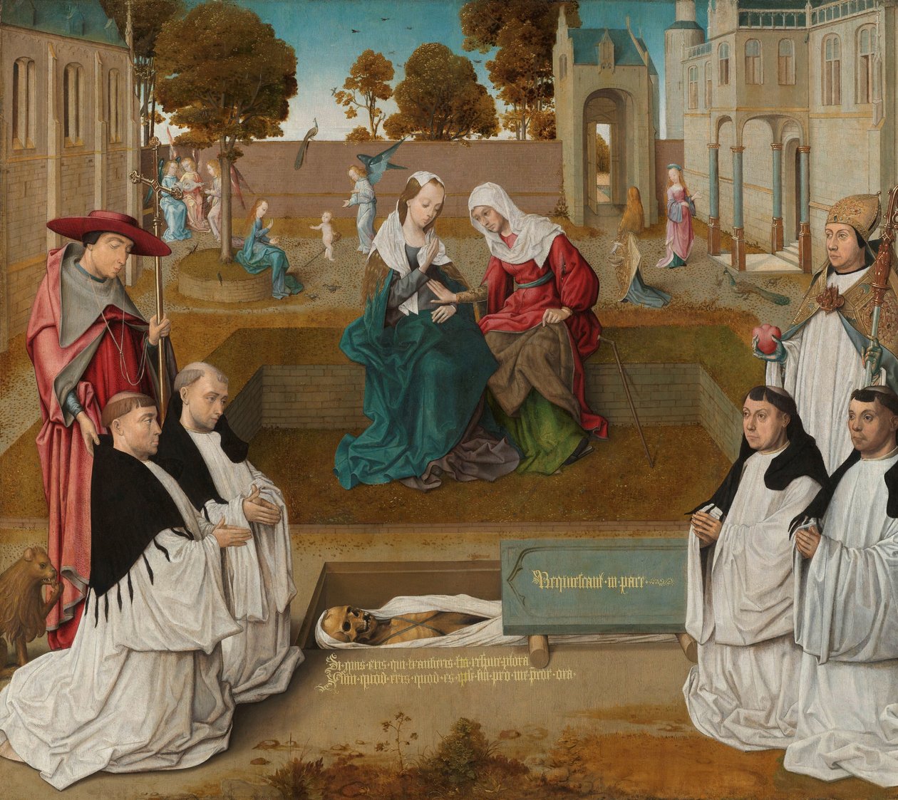 mindeplade Fire kanoner med de hellige Augustin og Hieronymus ved en åben grav med visitationen af Master of the Spes Nostra