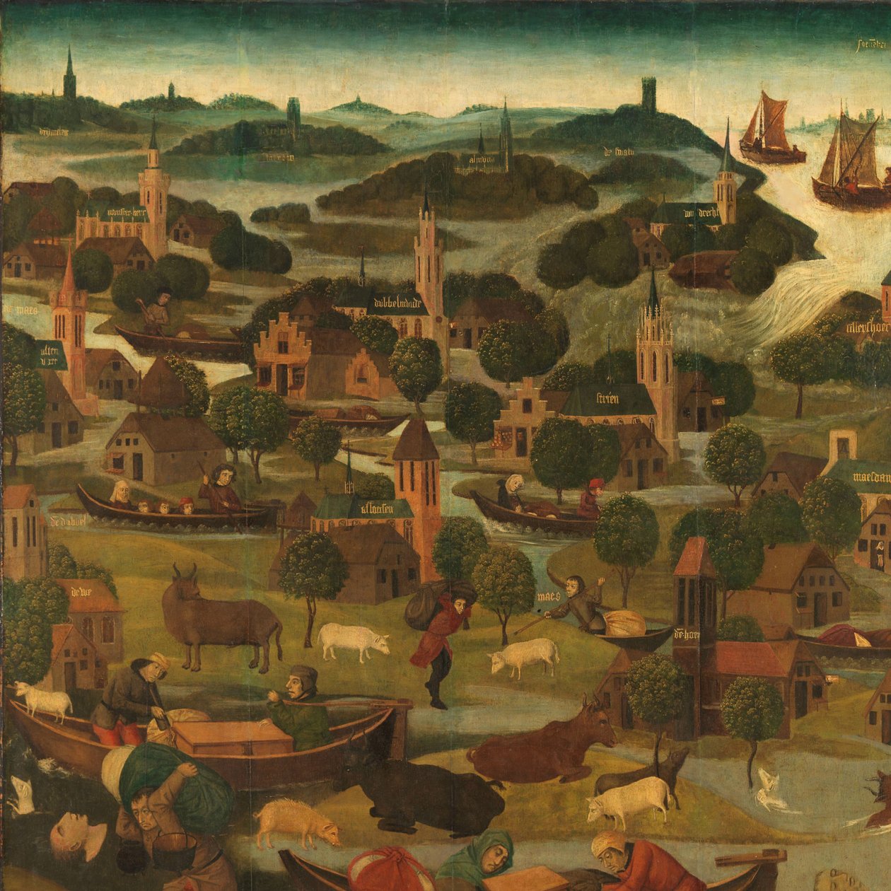 Sankt Elizabeths dag-flod Yderside af højre fløj af en altertavle, der forestiller Sankt Elisabeth-floden, 18.-19. november 1421, der viser digebrudet ved Wieldrecht af Master of the St Elizabeth Panels