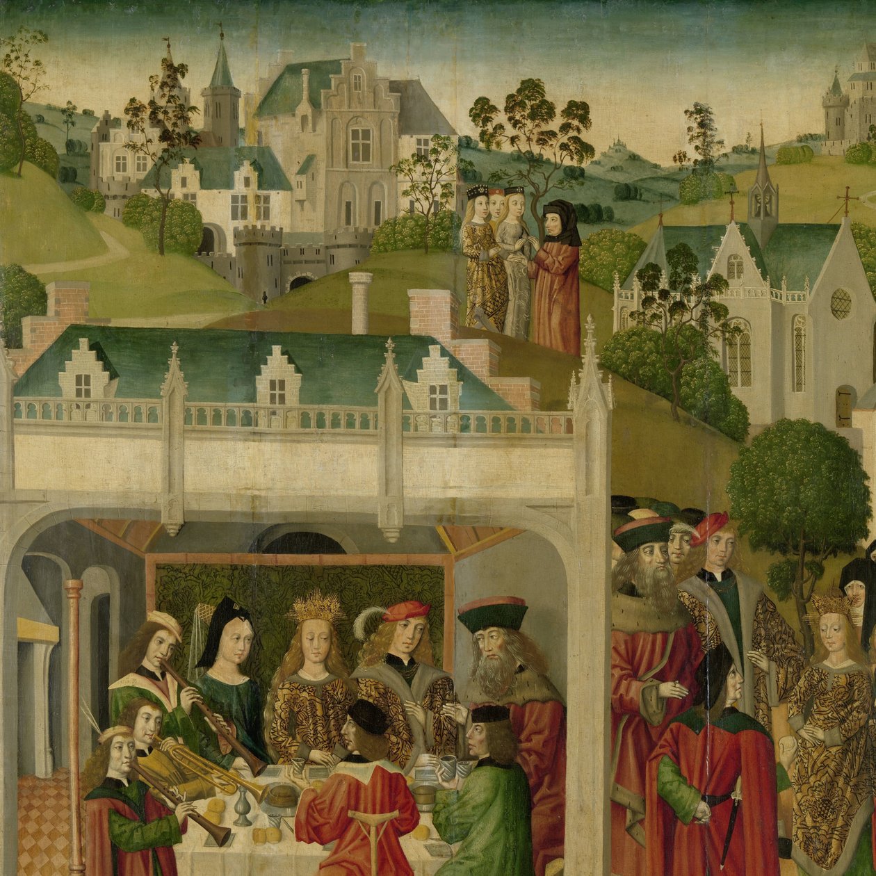 Bryllupsfest for Sankt Elizabeth af Ungarn og Ludvig af Thüringen i Wartburg, indre venstre fløj af en altertavle lavet til Grote Kerk i Dordrecht af Master of the St Elizabeth Panels